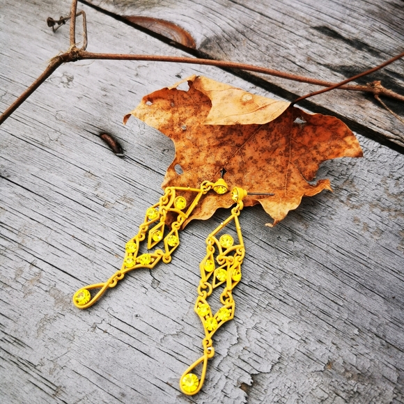 Yellow Painted Metal Chandelier Post Earrings with Yellow Rhinestones - Picture 10 of 13